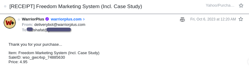 Freedom Marketing System Purchase Receipt