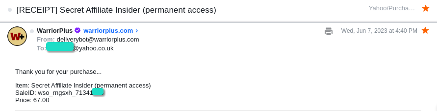 Secret Affiliate Insider WarriorPlus Purchase Receipt