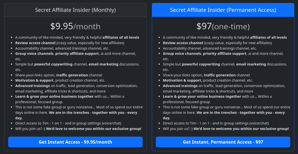 Secret Affiliate Insider Price Plan